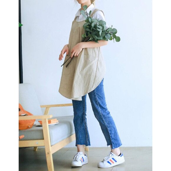 Soft Cotton Linen Apron Cross Back X-Shaped Japanese Style Pinafore Dress for Co - Picture 4 of 9